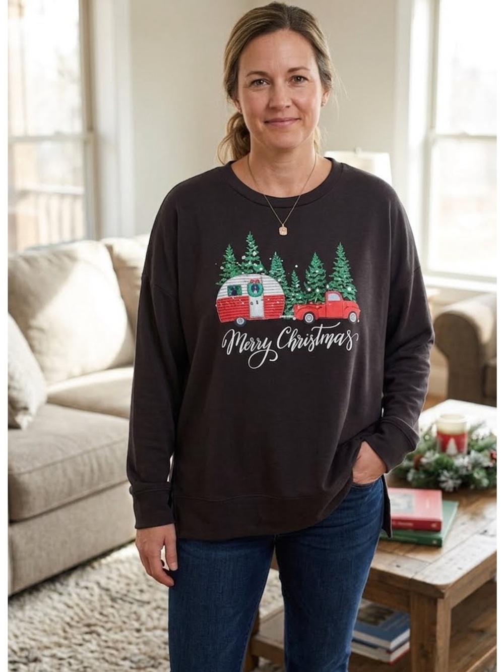 State of Mine Black Christmas Camper Sweatshirt Size L Retro Holiday